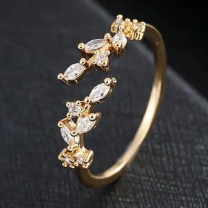 14K Yellow Gold Plated Leaf Zircon Open Ring Adjustable